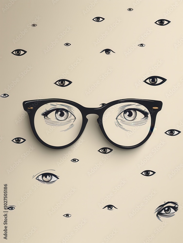 Aufkleber The eyeglasses are artfully arranged against a unique background featuring various illustrated eyes, creating an eye-catching display. Generative AI