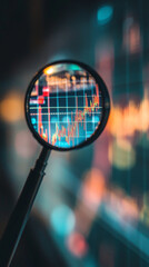 magnifying glass is focused on stock market chart, showing close up of rising line. This represents concept of analyzing and scrutinizing financial data.