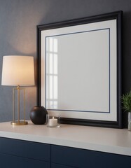 A modern living room interior design with a mock-up template, an empty reflective poster frame on a wall 3d illustration, and an interior design mock-up image.