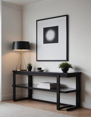 A modern living room interior design with a mock-up template, an empty poster frame on a wall 3d illustration, and an interior design mock-up image.