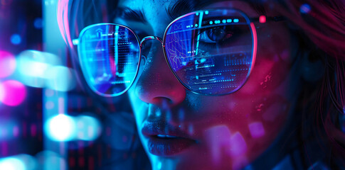 A futuristic woman wearing smart glasses with holographic data and information floating in front of her face.
