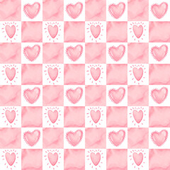 Tiny watercolor hearts seamless repeat pattern. Hand brush drawn cute painted Valentine's Day endless chaotic background, template. Artistic watercolor stains textured doodle heart shapes