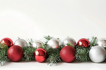 Festive Red and Silver Christmas Ornaments with Greenery