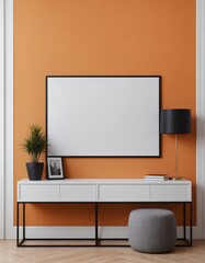 A modern living room interior design with a mock-up template, an empty poster frame on a wall 3d illustration, and an interior design mock-up image.