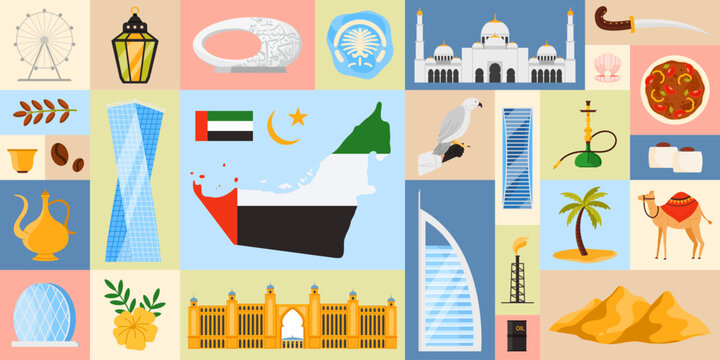 Travel to UAE and Dubai set of Arab culture elements and landmarks in geometric banner design. United Arab Emirates flag and map, modern towers and mosque, coffee and food cartoon vector illustration