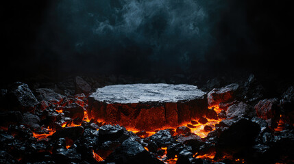 A dramatic scene of a lava rock surrounded by molten flow and smoke.