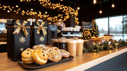 A cozy coffee shop offering Black Friday discounts on drinks and pastries, with holiday-themed decor and specials