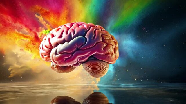 Human brain explodes with splashes of colorful particles. Represents creativity, innovation, imagination, and ideas for art and knowledge, Explosion of creativity colorful human brain spark new ideas 