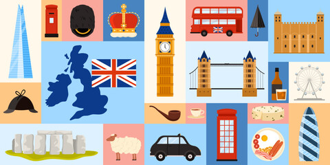 Vector illustration featuring key symbols of British culture, from architecture to traditions, including famous landmarks. Represents the UK national identity.