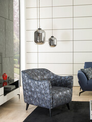 modern interior with stone wall decoration and sofa and parquet. decorative background for home, hotel, office
