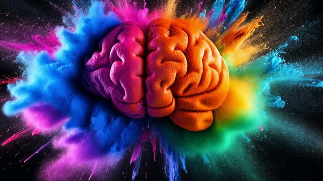 Human brain explodes with splashes of colorful particles. Represents creativity, innovation, imagination, and ideas for art and knowledge, Explosion of creativity colorful human brain spark new ideas 