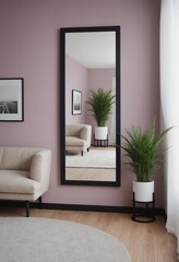 Fototapeta premium A modern living room interior design with a mock-up template, a mirror frame on a wall 3d illustration, and an interior design mock-up image.