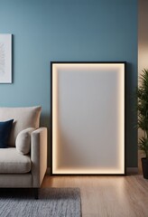 A modern living room interior design mock-up template with an empty poster frame on a wall 3d illustration, interior design mock-up image.