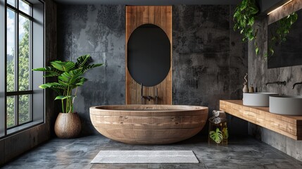 Interior of modern bathroom with gray and wooden walls, concrete floor, comfortable bathtub standing near round mirror and green plants.