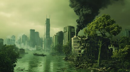 Fototapeta premium Climate change impact, highlighting the social, economic, and environmental consequences of climate change, from displaced communities to economic losses and ecosystem collapse.