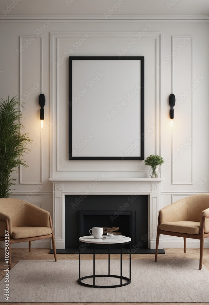 Wall mural a modern living room interior design mock-up template with an empty poster frame on a wall 3d illust