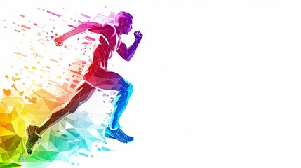 A colorful, geometric illustration of a runner in motion. The abstract design symbolizes speed, strength, and determination.