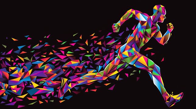 A colorful, abstract illustration of a runner in motion, with geometric shapes and vibrant colors against a black background.