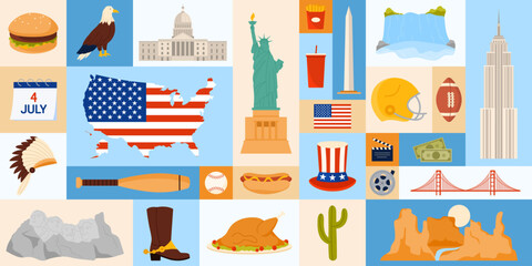 A colorful collage of iconic American symbols showcasing the rich culture, landmarks, and traditions of the nation. Represents the US national identity vector illustration