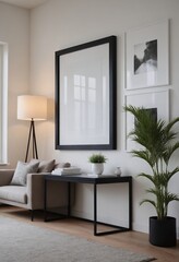 A modern living room interior design mock-up template with an empty reflective poster frame on a wall 3d illustration, interior design mock-up image.