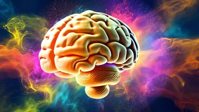 Human brain explodes with splashes of colorful particles. Represents creativity, innovation, imagination, and ideas for art and knowledge, Explosion of creativity colorful human brain spark new ideas 