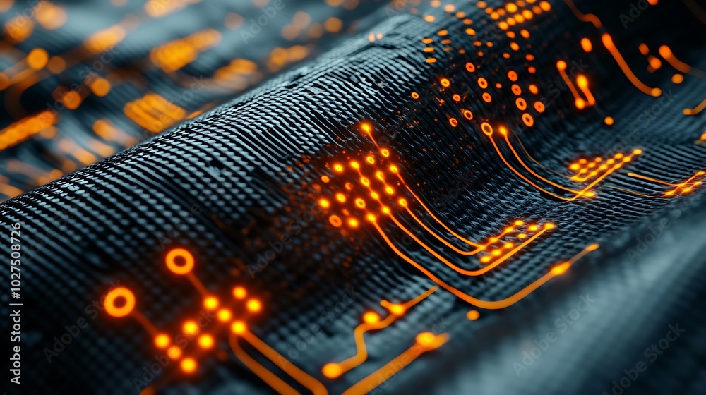 Poster abstract image of glowing orange circuits on a black background, resembling a technological wave or 