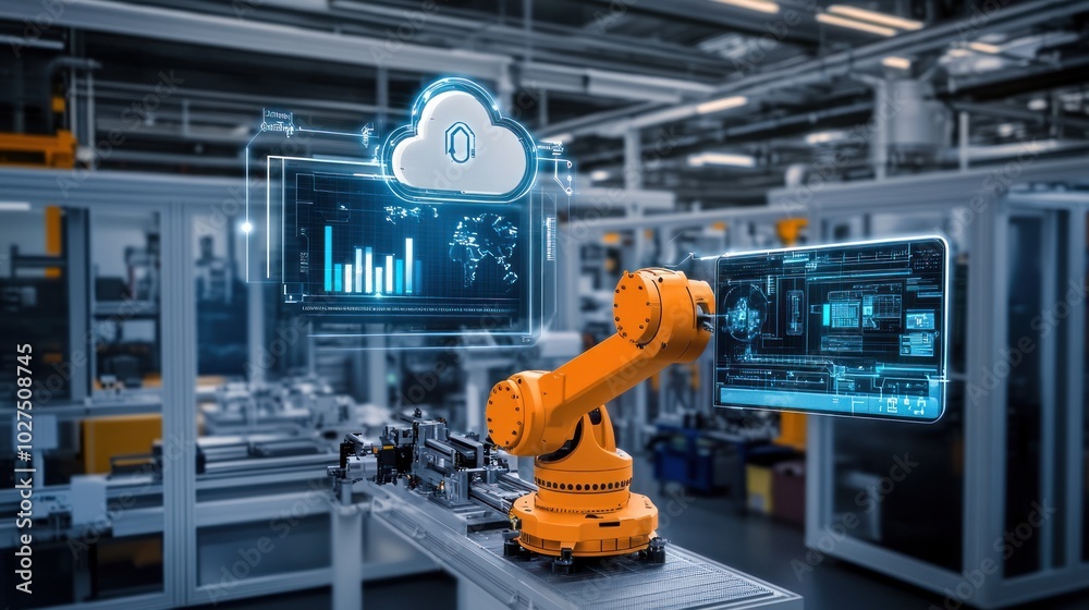 Poster cloud-controlled industrial robot arms, featuring robotic arms managed and monitored via cloud-based