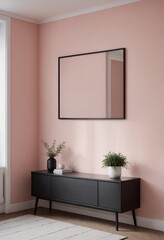 A modern living room interior design mock-up template with a mirror frame on a wall 3d illustration, interior design mock-up image.