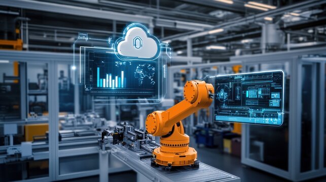 Cloud-controlled industrial robot arms, featuring robotic arms managed and monitored via cloud-based platforms, symbolizing remote control, real-time updates, and scalable automation solutions.
