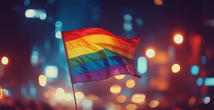 Rainbow flag waves in a busy city at night, celebrating diversity and inclusion