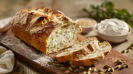 A loaf of freshly baked bread with a crispy crust and a soft, airy crumb, sliced and served with a side of cream cheese and cardamom seeds on a rustic wooden board.