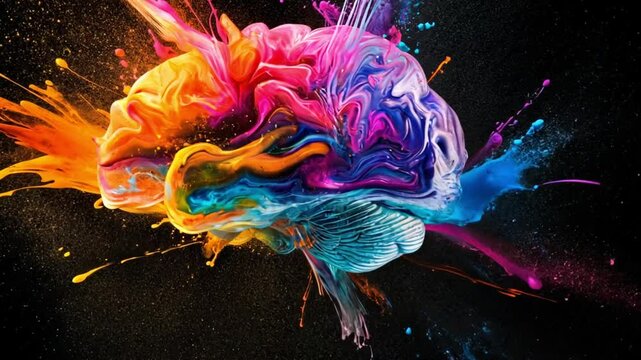 Human brain explodes with splashes of colorful particles. Represents creativity, innovation, imagination, and ideas for art and knowledge, Explosion of creativity colorful human brain spark new ideas 
