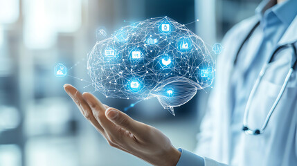 Medicine doctor holding hologram brain in hand, AI generated