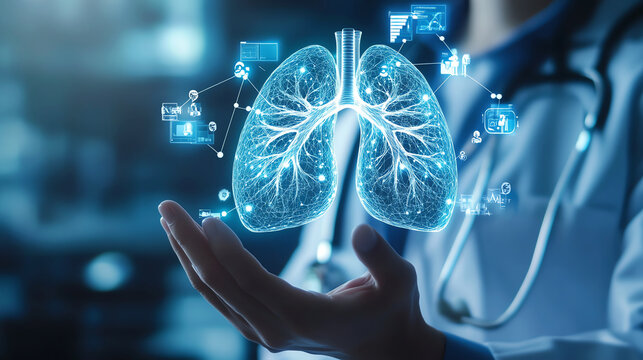 Medicine doctor holding hologram lung in hand, AI generated