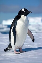 Obraz premium A single penguin stands on a snowy surface with icebergs in the background, under a clear blue sky.