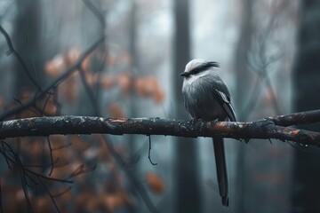 A small gray bird with a long tail perches on a bare branch in a misty forest.