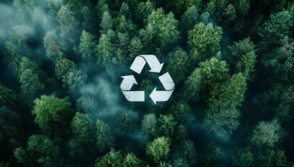 A white recycling symbol is seen in the center of an aerial view of a dense green forest, with mist rising from below. symbolizing the call to recycle and reuse