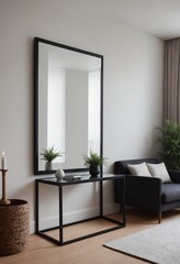 A modern living room interior design mock-up template with an empty poster frame on a wall 3d illustration, interior design mock-up image.