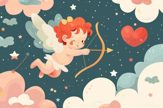 Cute cupidon cherub flying in dreamy night sky