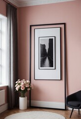 A modern living room interior design mock-up template with an empty poster frame on a wall 3d illustration, interior design mock-up image.