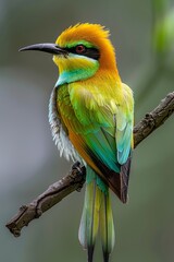 Fototapeta premium A vibrant green and yellow bird with a long black beak perched on a branch, its red eyes gleaming in the sunlight.