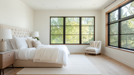 Fototapeta premium A serene bedroom featuring large window with view of lush greenery, cozy bed with white linens, and minimalist design that promotes relaxation and comfort