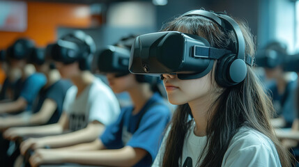 Group of students wearing virtual reality headsets in a tech classroom, exploring immersive experiences through modern technology.
