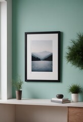 A modern living room interior design mock-up template with an empty poster frame on a wall 3d illustration, interior design mock-up image.