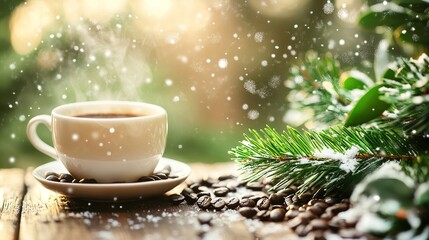 Fototapeta premium Steaming white coffee cup, coffee beans, and pine leaves, blurred snowflakes in the background.