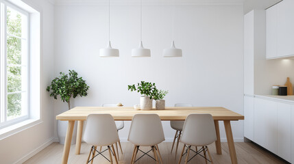 A modern dining room featuring wooden table surrounded by white chairs, illuminated by pendant lights. space is bright and airy, with potted plant adding touch of greenery