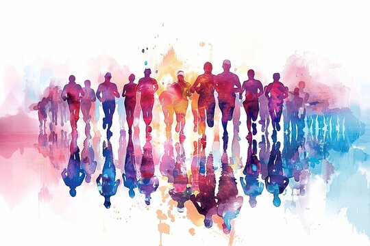 A watercolor illustration of a crowd of runners, with their silhouettes reflected in a watery background.