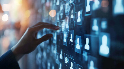 Hand touch visual screen to manage payroll and benefits in HR management system.