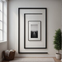 A modern living room interior design mock-up template with an empty poster frame on a wall 3d illustration, interior design mock-up image.
