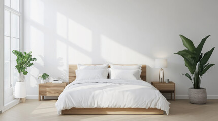 A serene bedroom featuring wooden bed with white bedding, complemented by bedside tables and lush green plants. natural light creates calming atmosphere